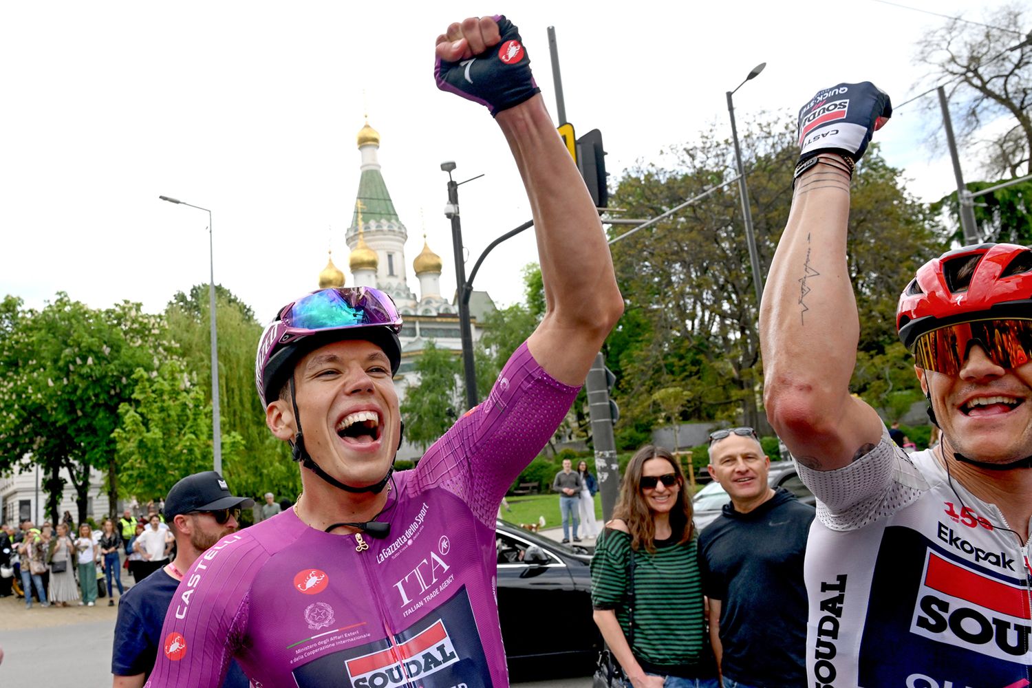 SOFIA, BULGARIA - MAY 10: Stage winner Paul Magnier of France and Team Soudal Quick-Step - Purple Points Jersey reacts after the 109th Giro d'Italia 2026, Stage 3 a 175km stage from Plovdiv to Sofia / #UCIWT / on May 10, 2026 in Sofia, Bulgaria. (Photo by Dario Belingheri/Getty Images)