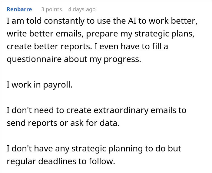 User describing AI's role in improving emails and reports for payroll User describing AI's role in improving emails and reports for payroll