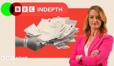 Thin, lobster red banner with white text saying ‘InDepth newsletter’. To the right are black and white portrait images of Emma Barnett and John Simpson. Emma has dark-rimmed glasses, long fair hair and a striped shirt. John has short white hair with a white shirt and dark blazer. They are set on an oatmeal, curved background with a green overlapping circle.