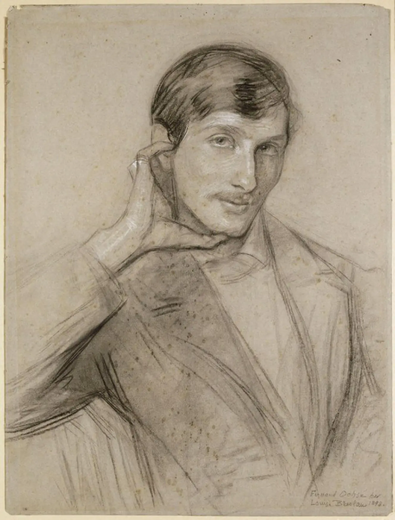 Illustration of Fernand Ochse with a hand to his ear, drawn by Louise-Catherine Breslau.
