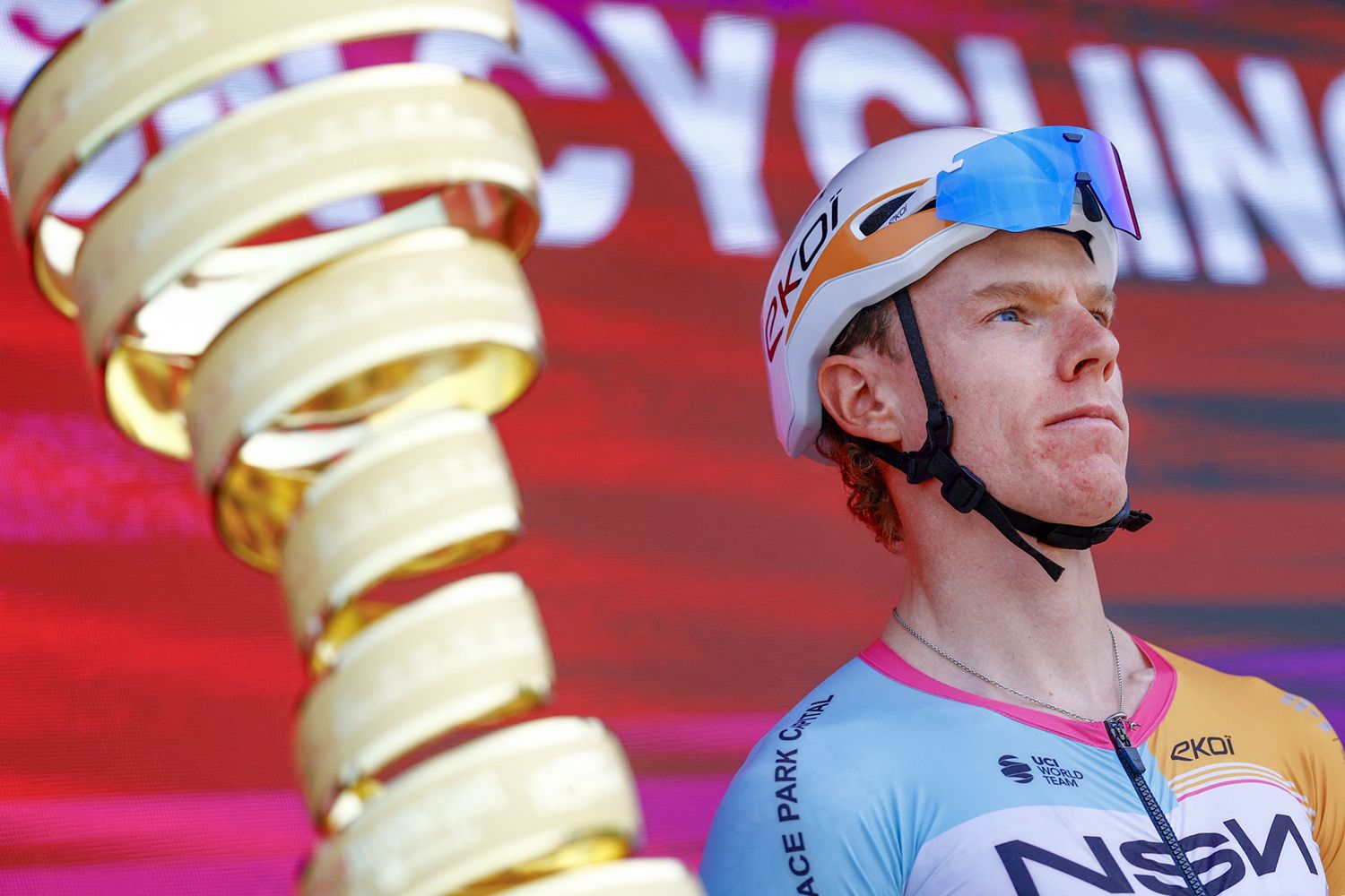 Jake Stewart (NSN) alongside the Trofeo Senza Fine ahead of the opening stage of the 2026 Giro d'Italia