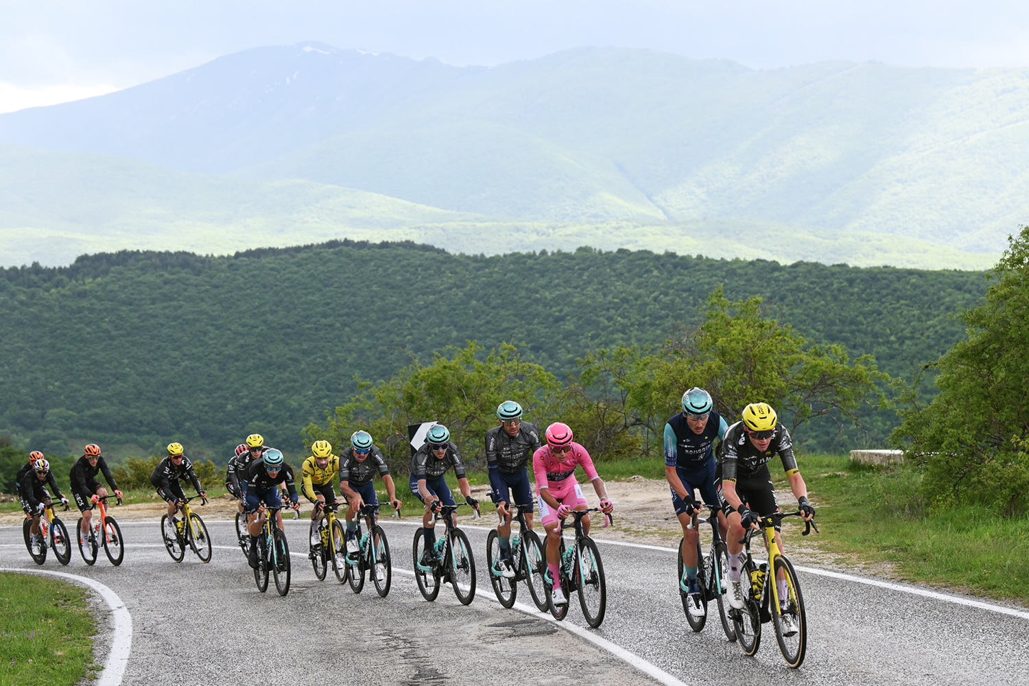 Damiano Caruso of Italy, Afonso Eulalio of Portugal - Pink Leader Jersey, Fran Miholjevic of Croatia and Team Bahrain - Victorious leading the peloton during the 109th Giro d'Italia 2026, Stage 7
