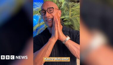 A screenshot of Dwayne Johnson's video to the students. The background is a tropical beach and the caption reads "You're welcome!"