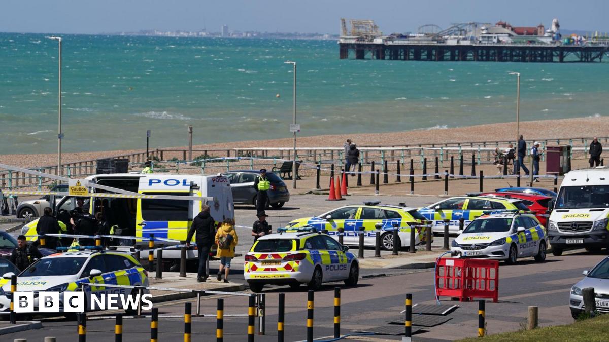 Various police vehicles in a car park on Brighton seafront. Brighton Palace Pier and a choppy sea are in the background.