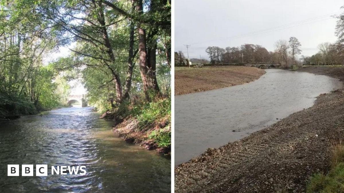 The two photos are side by side. One shows a river lined with trees, the other shows the bare banks with soil sides.