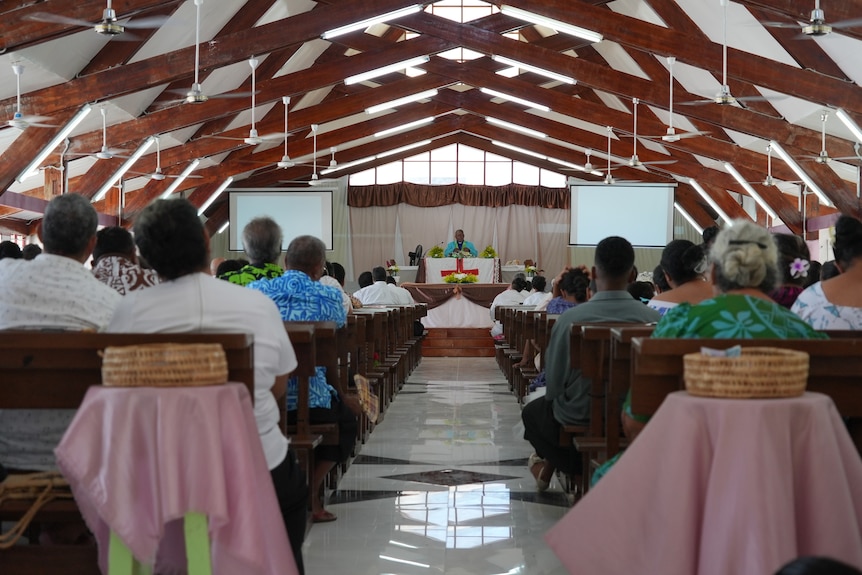 Tuvaluans gather at a church service in Funafuti.