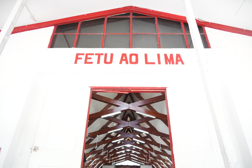 A photo of a sign reading Fetu Ao Lima — translation: Morning Star — which is the name of Tuvalu's most prominent church.