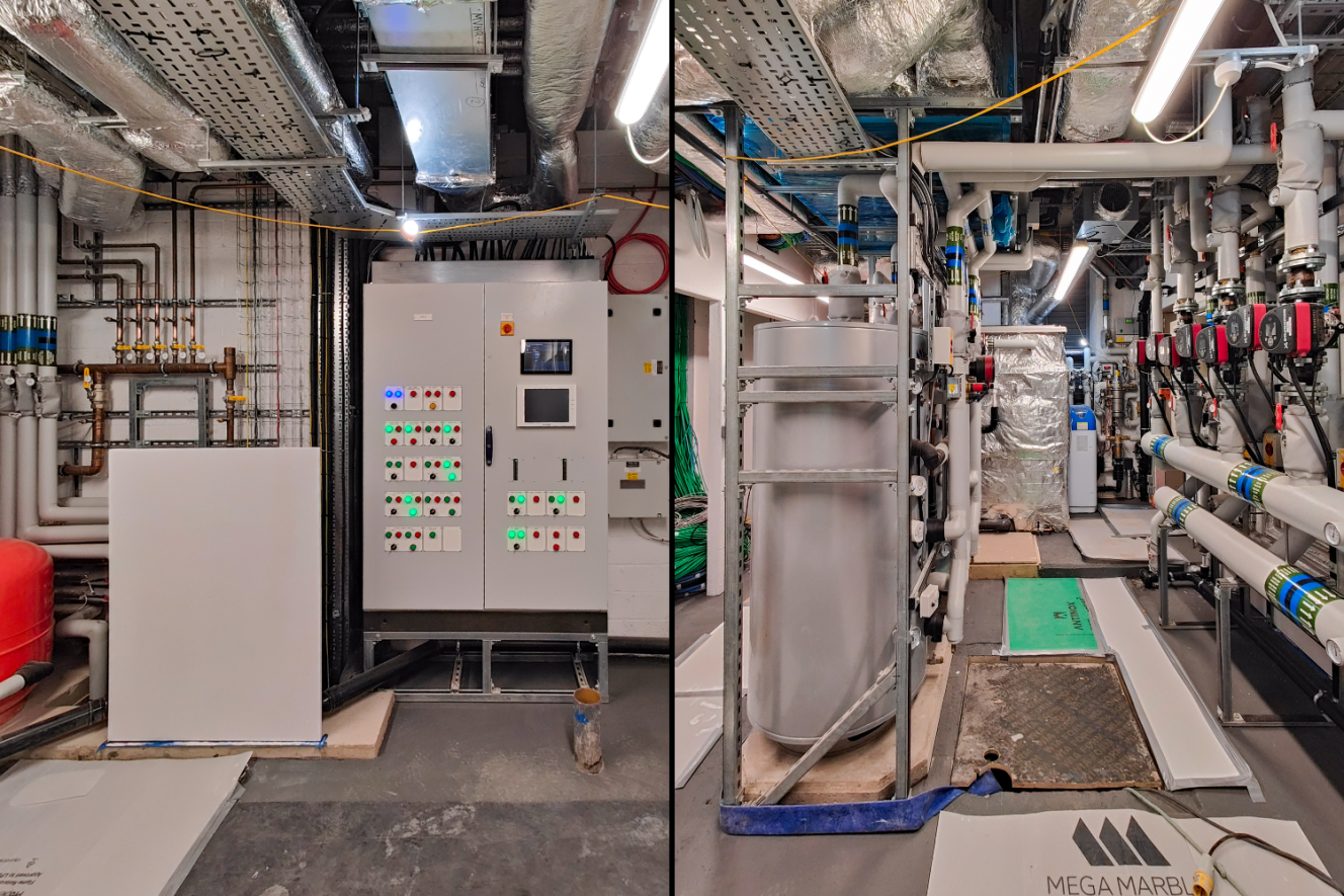 Collage of two images showing complex industrial pipework, electrical panels, and machinery in a utility room.
