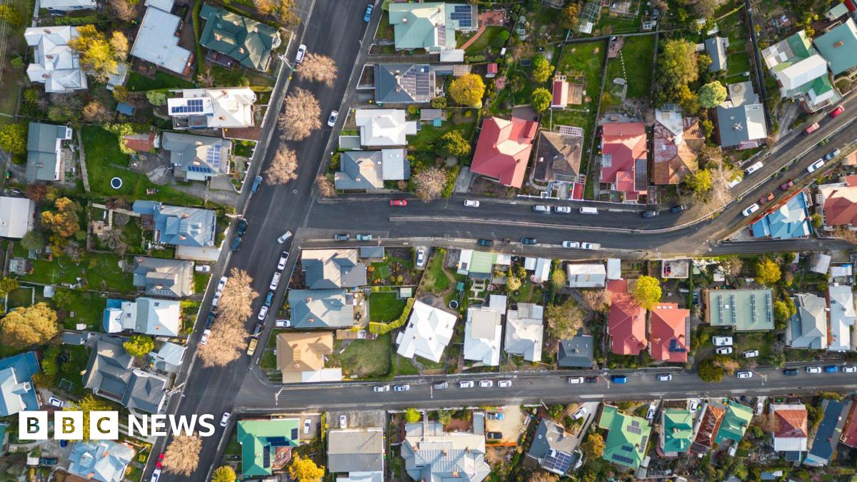 An aerial view of leafy streets and  houses with different coloured roofs
