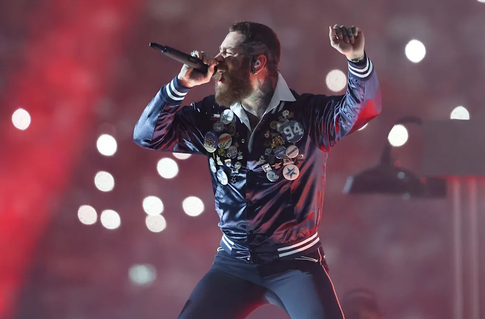 Post Malone performs during halftime of the game between the Kansas City Chiefs and Dallas Cowboys at AT&T Stadium on Nov. 27, 2025.