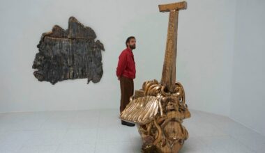 A visitor looks at sculptures by Alma Allen inside the United States pavilion at the Venice 2026 Biennale Art, in Venice, Italy.