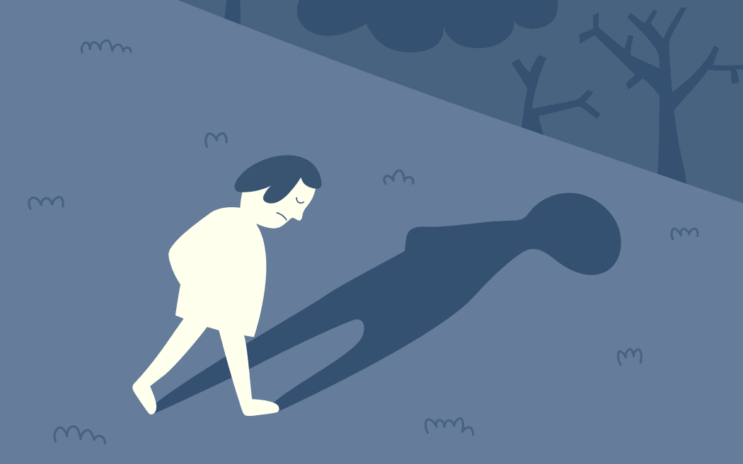 A blue and grey illustration of a person walking alone and casting a shadow.