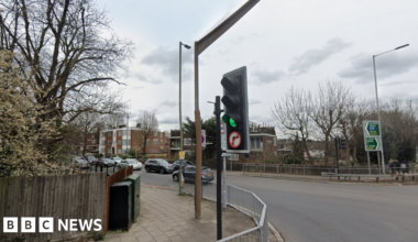A general view of a pedestrian traffic light crossing on Holders Hill Road, with cars on the road and residential buildings and trees in the background.