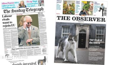 The headline on the front page of the Sunday Telegraph reads: "Labour rivals want to rejoin EU."