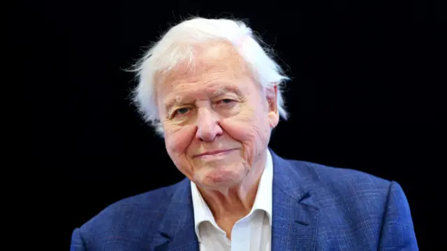 Sir David Attenborough poses for a photo in front of a black background. He's wearing a dark blue jacket, white shirt, with an animal pin pinned to his left-side lapel