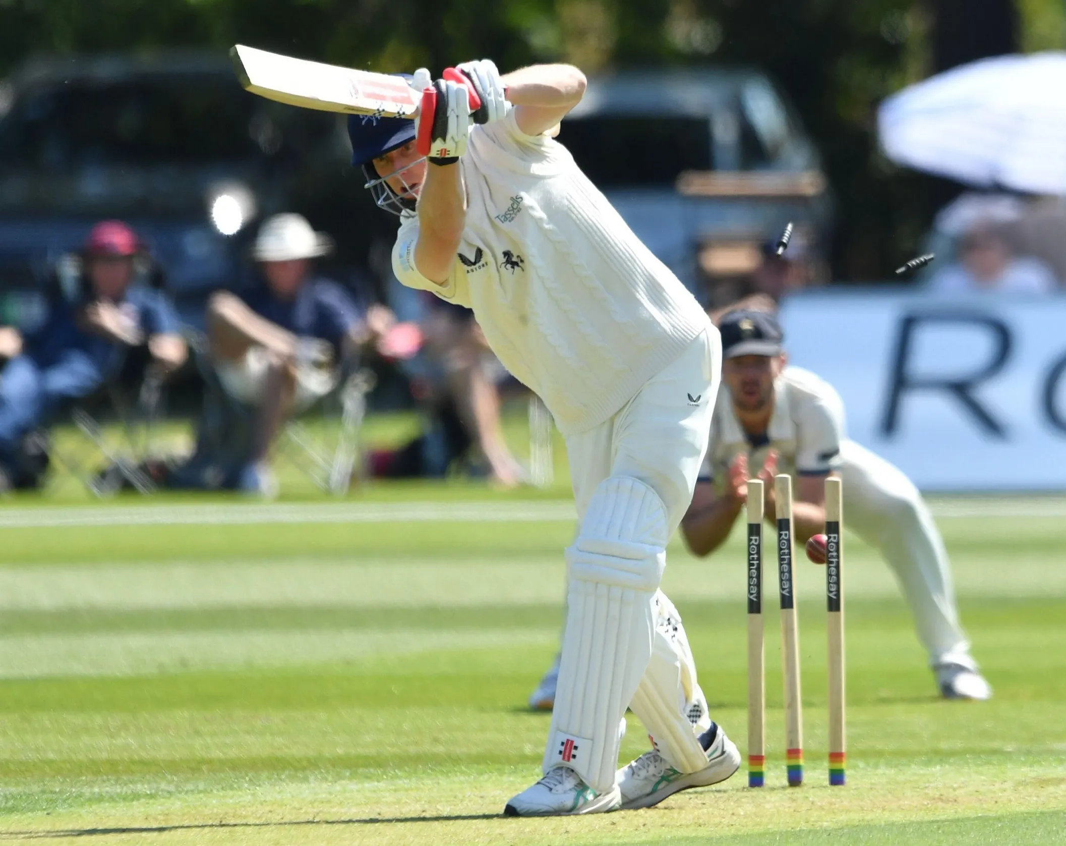 Zak Crawley is bowled by Martin Andersson during a Rothesay County Championship Division Two match.