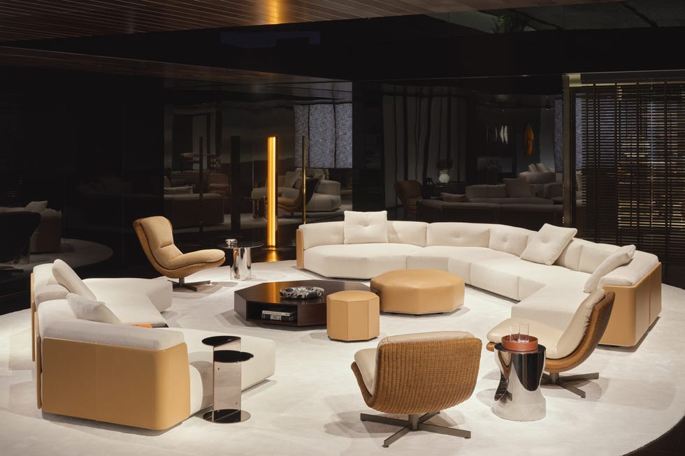 Modern living room seating arrangement in a stylish interior.