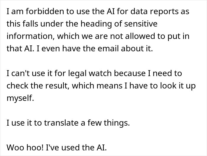 User explaining AI restrictions on sensitive data and limited use User explaining AI restrictions on sensitive data and limited use