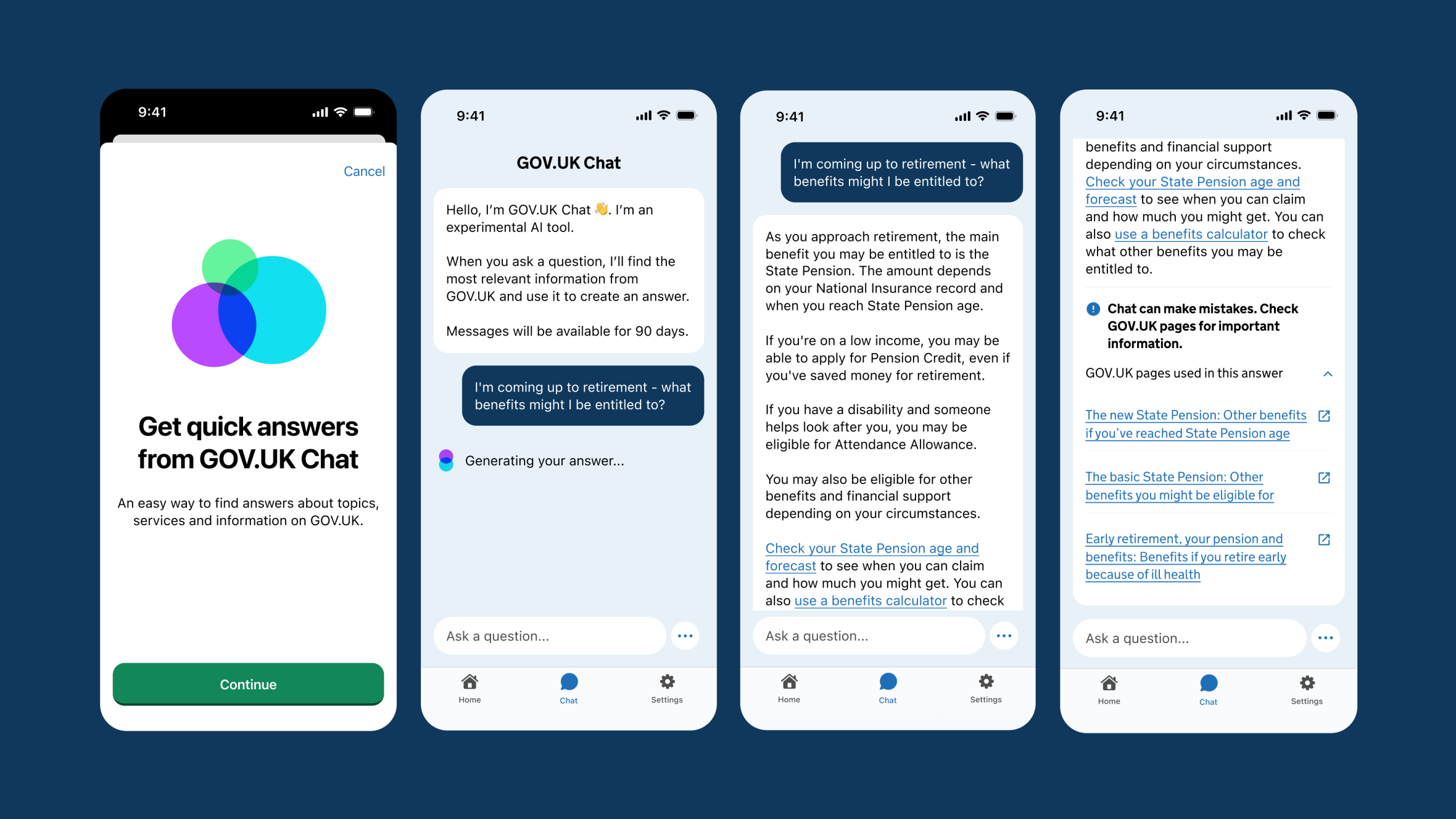 Illustration of four phone screens showing the GOV.UK Chat AI tool in action, from introduction to answering a question about retirement benefits.
