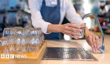 Stock photo shows a person filling a glass of water from a filter tap in a hospitality setting - they are positioned behind a bar with a stack of glasses in frame and wear a blue apron.