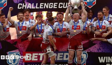 Bevan French celebrates his try for Wigan Warriors in the 2026 Challenge Cup final at Wembley Stadium