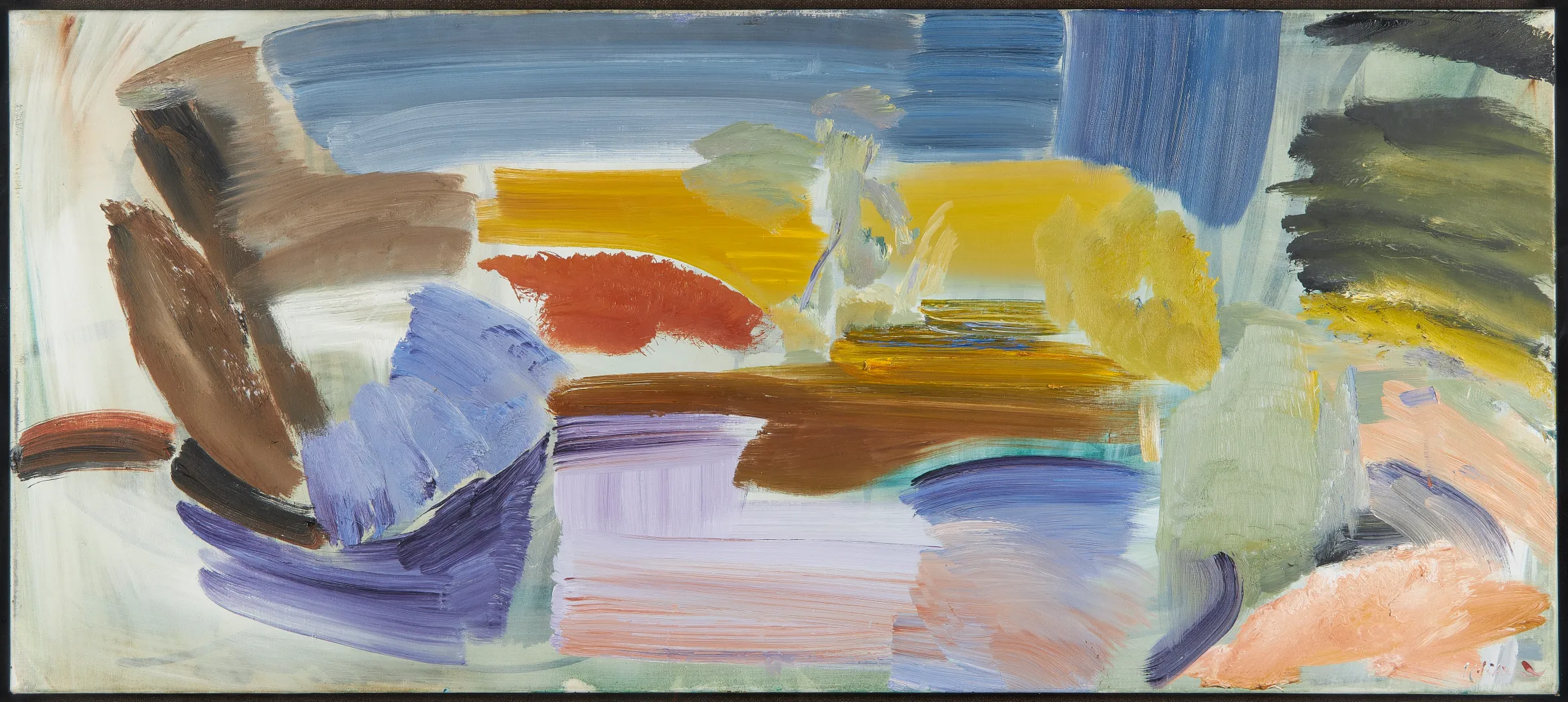 Illustration of Ivon Hitchens' "Sussex River, near Midhurst" painting, featuring broad strokes of blue, yellow, brown, and green, suggesting a river flowing through a landscape.