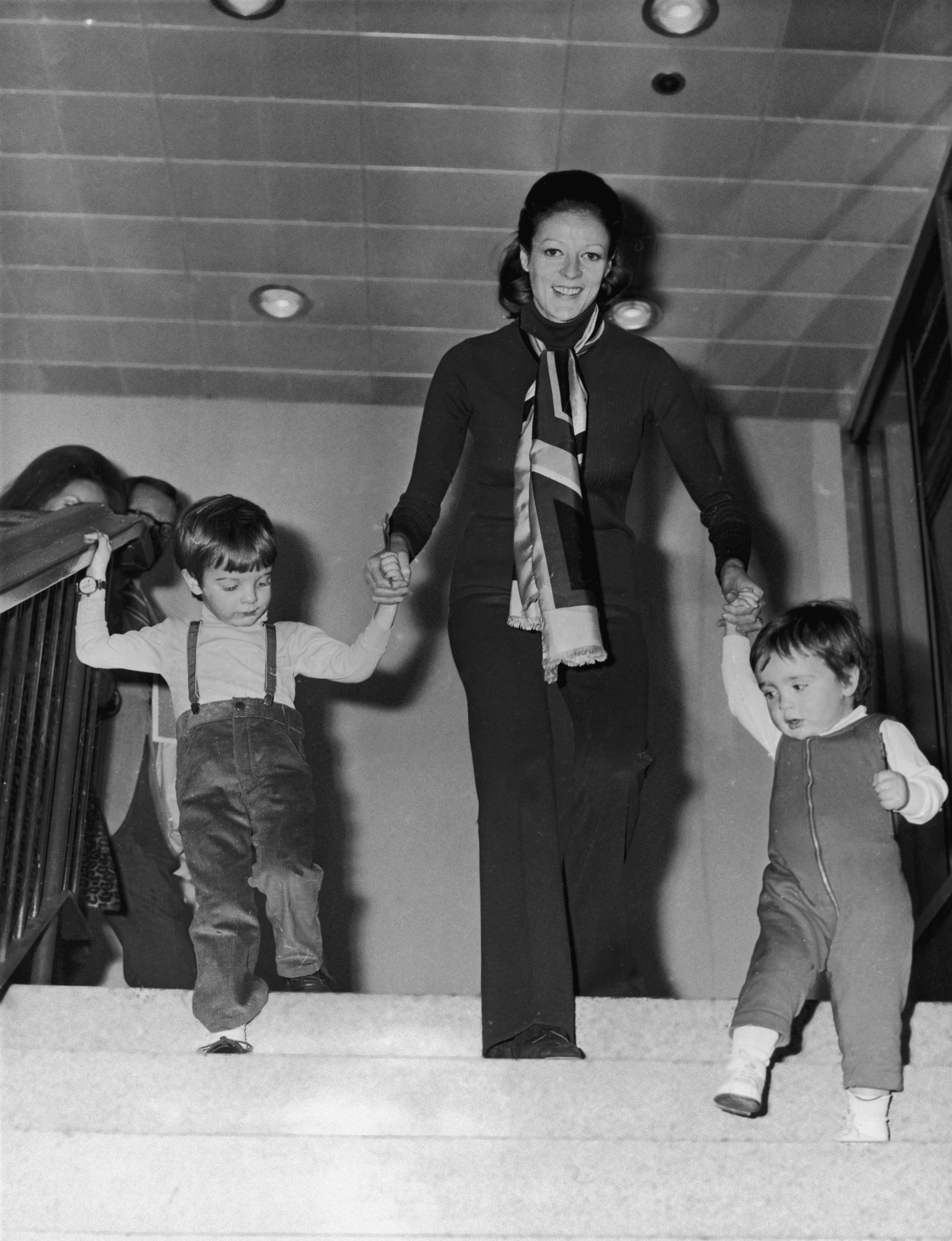 Following in her footsteps: Stephens (right) and Chris Larkin with their mother, Dame Maggie Smith, in March 1971