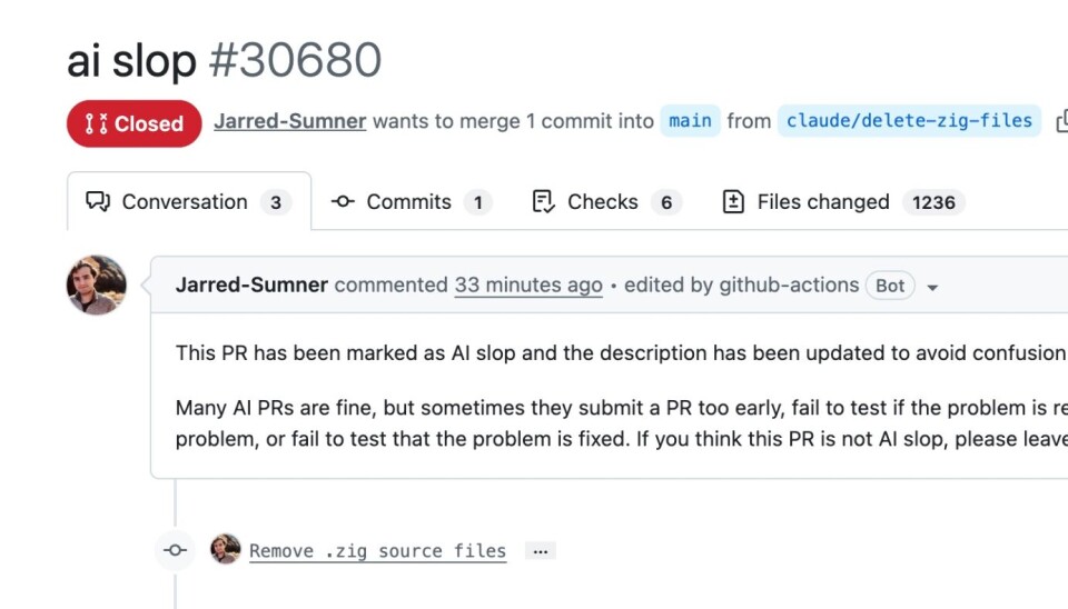 AI Slop? A pull request removing Zig source files from Bun was automatically flagged.