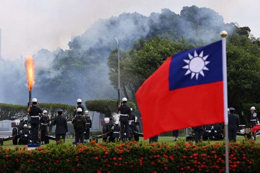 Cannons are fired in a salute during a 2022 visit by Tuvalu's former prime minister Kausea Natano to Taiwan.