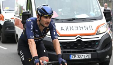 BURGAS, BULGARIA - MAY 08: Matteo Moschetti of Italy and Team Pinarello Q36.5 Pro Cycling injured after falling during the 109th Giro d&amp;apos;Italia 2026, Stage 1 a 147km stage from Nessebar to Burgas / #UCIWT / on May 08, 2026 in Burgas, Bulgaria. (Photo by Dario Belingheri/Getty Images)