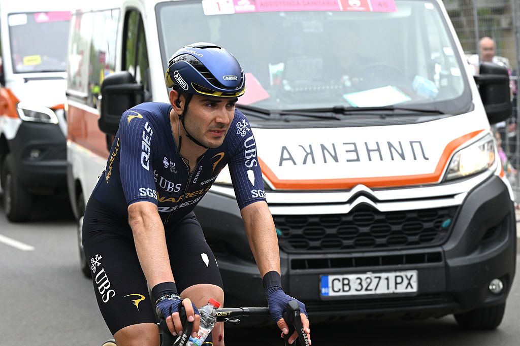 BURGAS, BULGARIA - MAY 08: Matteo Moschetti of Italy and Team Pinarello Q36.5 Pro Cycling injured after falling during the 109th Giro d&amp;apos;Italia 2026, Stage 1 a 147km stage from Nessebar to Burgas / #UCIWT / on May 08, 2026 in Burgas, Bulgaria. (Photo by Dario Belingheri/Getty Images)