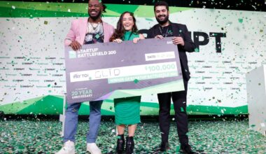 Kevin A. Damoa, Founder & CEO, Glīd, Claire Kroft and Ankit Malhotra, winners of the Startup Battlefield 2025, pose onstage during day three of TechCrunch Disrupt 2025 at Moscone Center on October 29, 2025 in San Francisco, California.