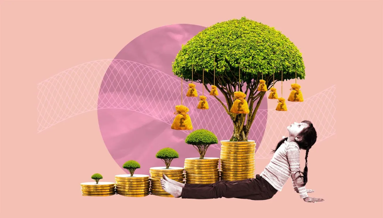 Collage of a child looking up at a money tree, symbolizing financial growth and opportunity.