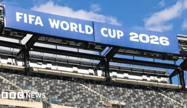 A sign reading Fifa World Cup 2026 is displayed in a stadium