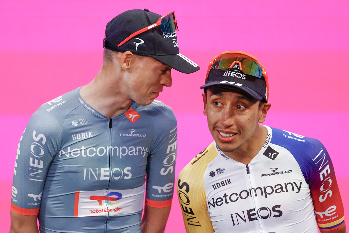 Netcompany Ineos co-leaders Thymen Arensman and Egan Bernal at the 2026 Giro d'Italia pre-race presentation