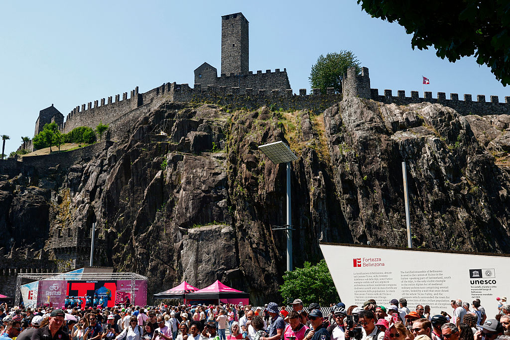 The picture shows the Fortress of Bellinzona and the Starting Village of the Giro prior the 16th stage of the Giro d'Italia 2026 - Tour of Italy cycling race between Bellinzona and Cari, Switzerland, on May 26, 2026. (Photo by Luca Bettini / AFP)