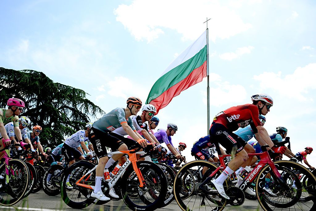 SOFIA, BULGARIA - MAY 10: (L-R) Magnus Sheffield of United States and Netcompany INEOS Cycling Team, Mikkel Bjerg of Denmark and UAE Team Emirates - XRG, Lennert Van Eetvelt of Belgium and Team Lotto Intermarche and a general view of the peloton competing during the 109th Giro d&amp;apos;Italia 2026, Stage 3 a 175km stage from Plovdiv to Sofia / #UCIWT / on May 10, 2026 in Sofia, Bulgaria. (Photo by Dario Belingheri/Getty Images)