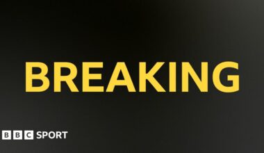 BBC Sport breaking news image. Breaking written in yellow capital letters on a black background.