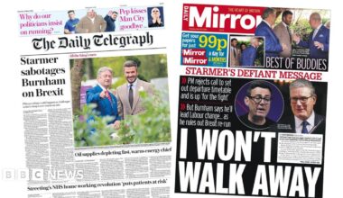 The headline on the front page of the Daily Telegraph reads: "Starmer sabotages Burnham on Brexit".