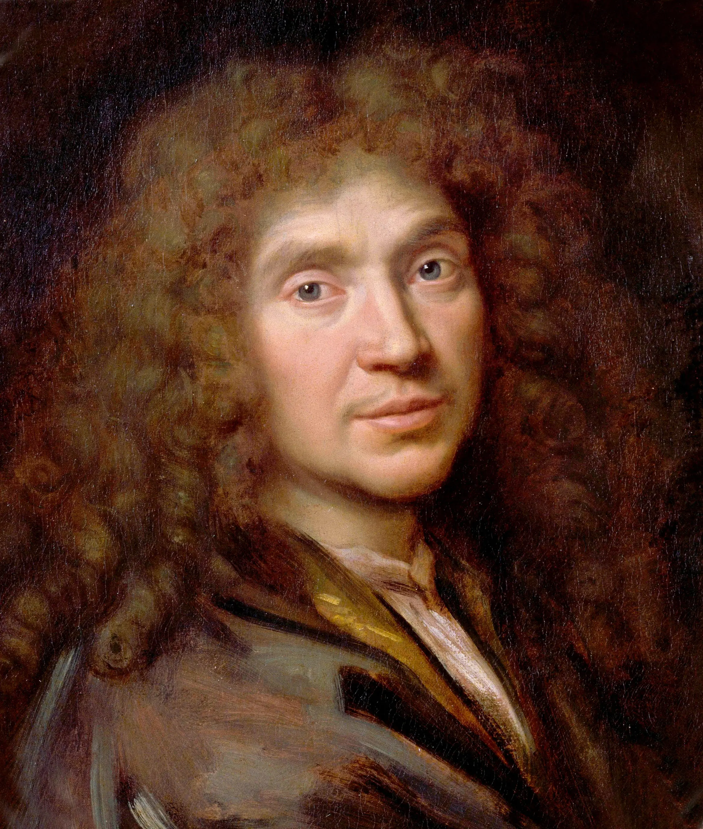 Painting of Moliere, the French playwright, actor, and poet, with a neutral expression and long, curly brown hair.