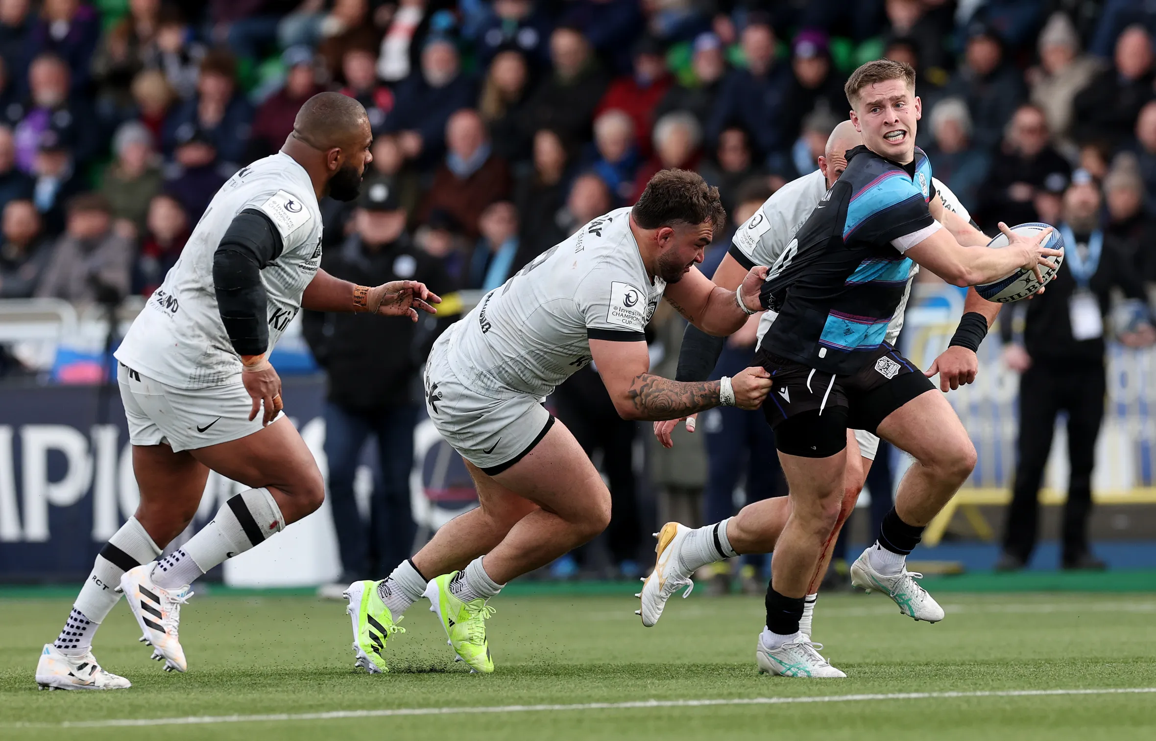 Dan Lancaster of Glasgow Warriors breaks with the ball against RC Toulon during an Investec Champions Cup match.