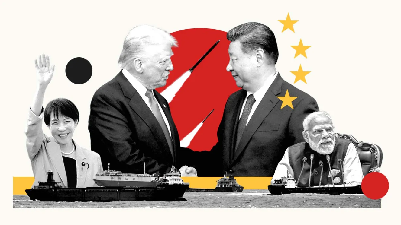Illustration of leaders and geopolitical tensions, with Donald Trump and Xi Jinping shaking hands over missiles, surrounded by other figures and ships.