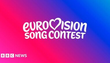 A white logo on a pink and purple background. The white logo reads, 'Eurovision song contest'.