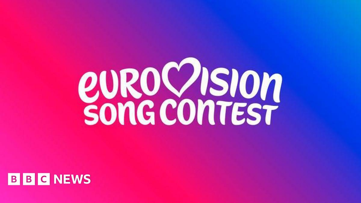 A white logo on a pink and purple background. The white logo reads, 'Eurovision song contest'.