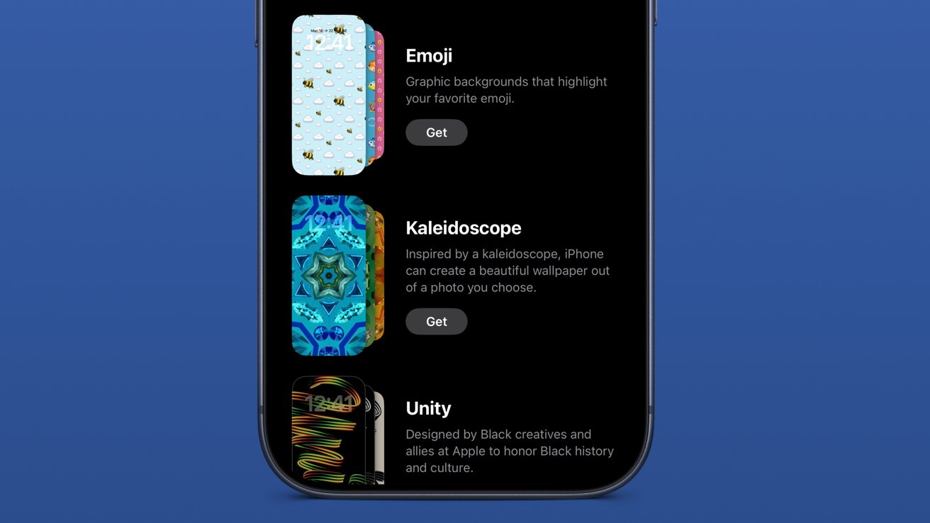 iPhone screen showing wallpaper selection menu with three options: Emoji, Kaleidoscope, and Unity, each with colorful preview cards and a Get button, against a solid blue background