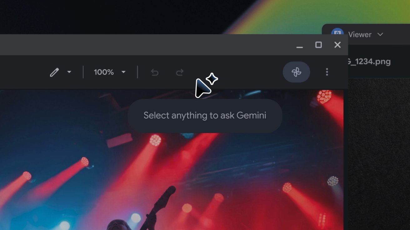 Computer screenshot showing a dark window with a cursor and prompt saying Select anything to ask Gemini over a colorful concert scene with bright red stage lights and a guitarist