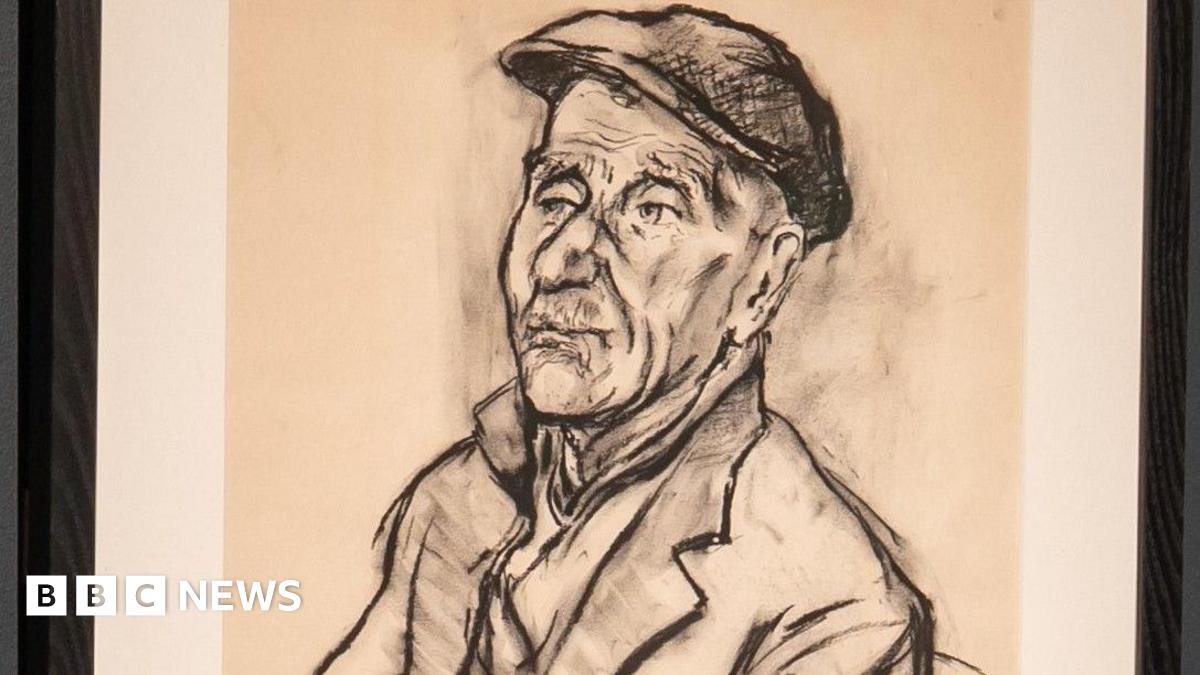 A charcoal drawing of an elderly man looking into the distance wearing a flat cap and a coat with a notched lapel.