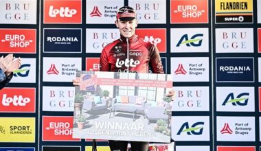 British Joshua Giddings of Lotto-Intermarche pictured on the podium after the 'Ronde van Brugge' men's elite one-day cycling race, 202,9 km from and to Brugge on Wednesday 25 March 2026. BELGA PHOTO MAARTEN STRAETEMANS (Photo by MAARTEN STRAETEMANS / BELGA MAG / Belga via AFP)