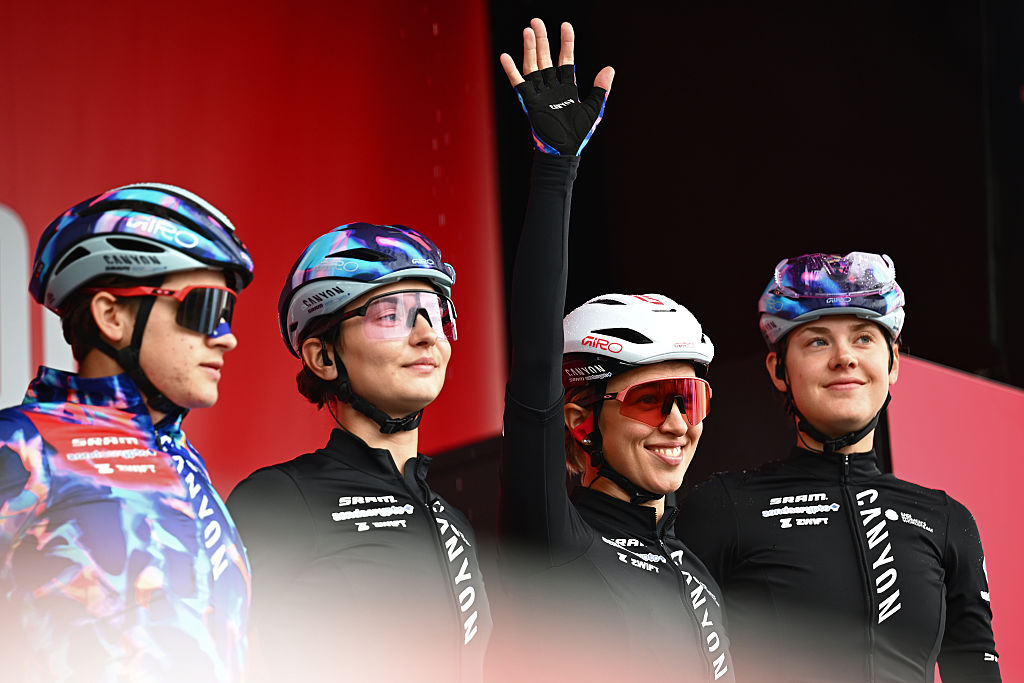 MARIN, SPAIN - MAY 03: Kasia Niewiadoma of Poland and Team CANYON//SRAM zondacrypto prior to the 12th La Vuelta Femenina 2026, Stage 1 a 113.9km stage from Marin to Salvaterra de Mino / #UCIWWT / on May 03, 2026 in Marin, Spain. (Photo by Szymon Gruchalski/Getty Images)