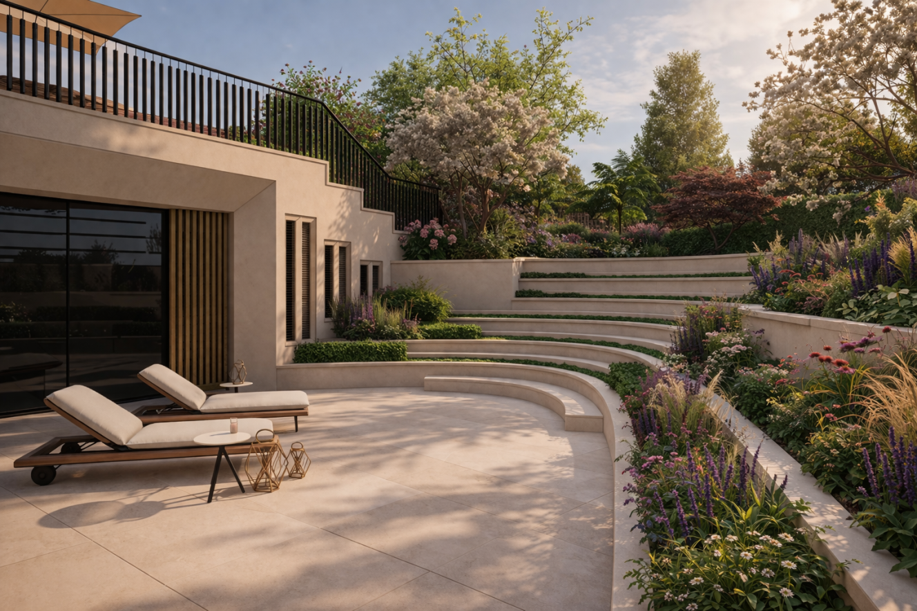 Illustration of an outdoor terraced garden with lounge chairs and a building with large windows.